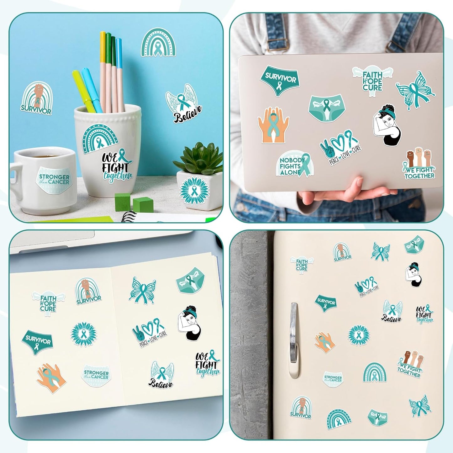 1000pcs Ovarian Cancer Awareness Sticker Rolls (2 Rolls), Teal Ribbon Shaped Sexual Assault Awareness Survivor Stickers Decorative Decals, Self-Adhesive Stickers for Scrapbooks Event Gifts