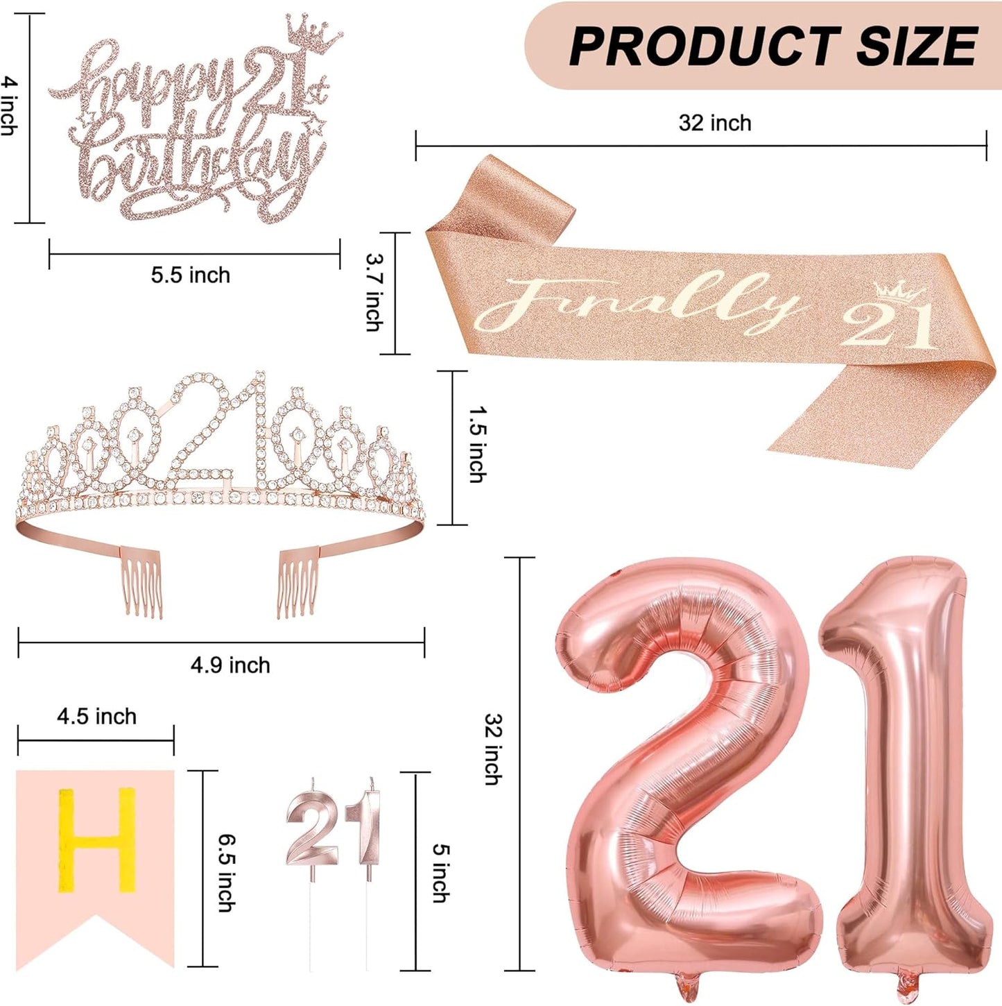 21st Birthday Decorations for Her, Including 21st Tiara and Sash, Happy Birthday Banner, Cake Toppers, Number Candles and Balloons Set, Rose Gold