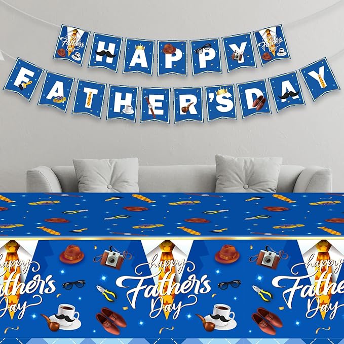 Happy Fathers Day Banner, Father's Day Banners, Blue Happy Daddy Day Sign Bunting Banner Garland for Fathers Day Home, Office, Fireplace, Wall Decor and Party Decorations Supplies Favors Props