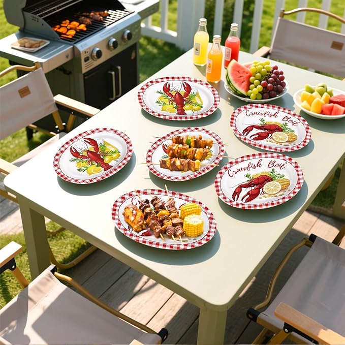 Grencian 50 Pcs Crawfish Boil Party Supplies 10” x 12” Lobster Boil Oval Paper Plates Large Disposable Crawfish Red Gingham Tableware Set for Baby Shower BBQ Summer Picnic Barbecue Cookout Carnival