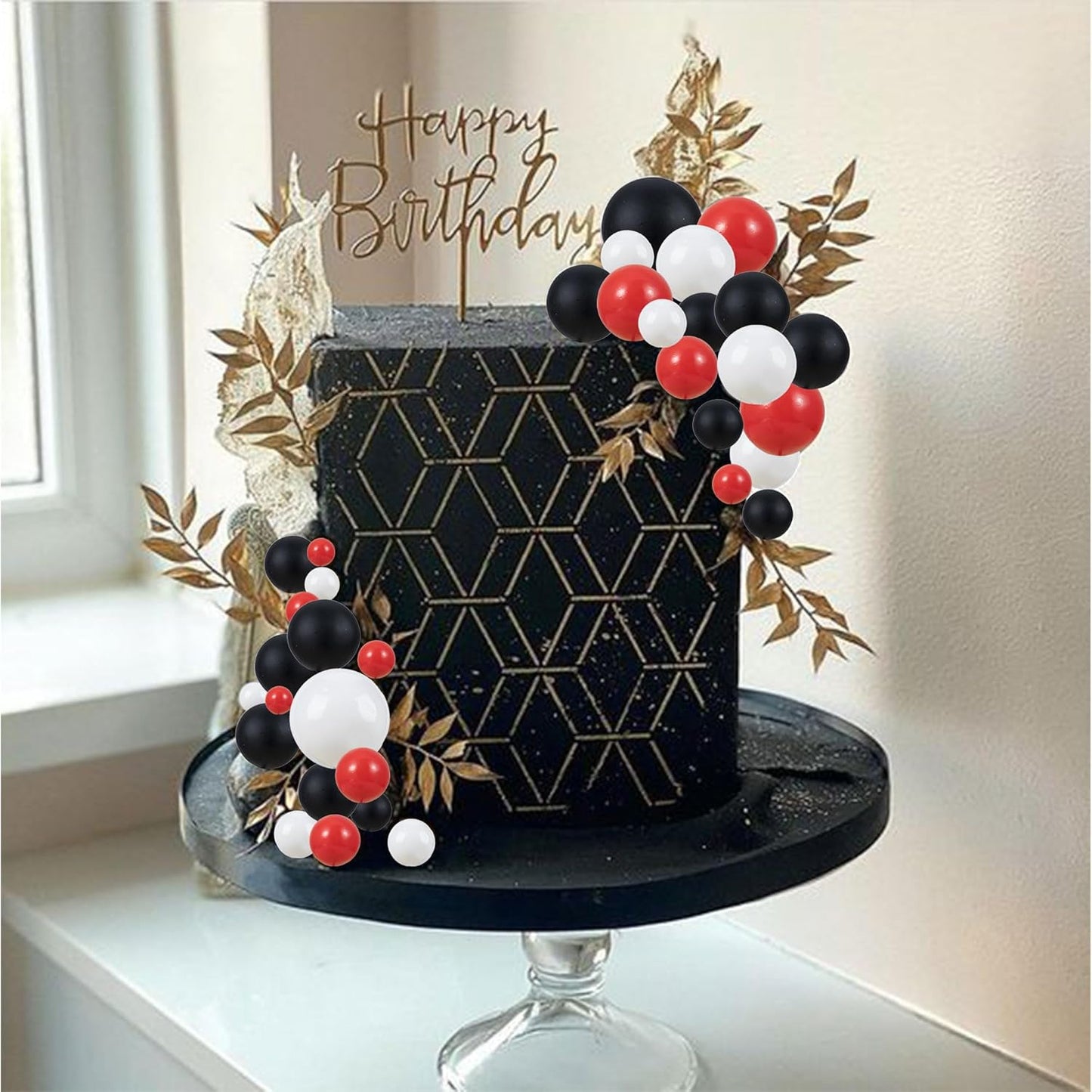 Gyufise 30Pcs Ball Cake Topper Decorations Mini Balloons Cake Topper Sticks Foam Balls Cake Picks Decorations Cake Decorations for Wedding Party Birthday Decorating Red Black White