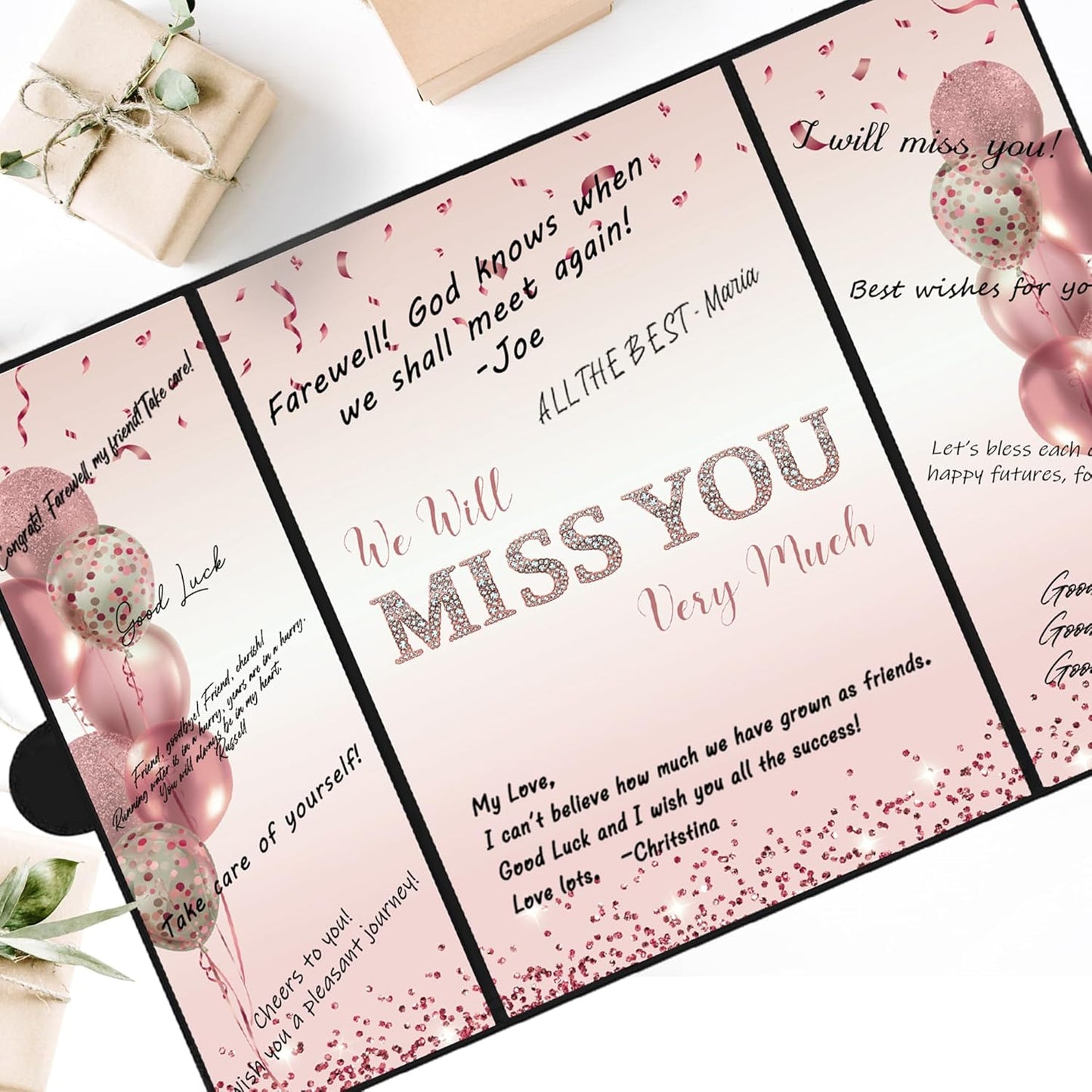 DARUNAXY Rose Gold Farewell Party Decorations for Women, We Will Miss You Very Much Alternative Signature Guest Book Girls Going Away Gifts Signing Card Board for Retirement Graduation Party Supplies