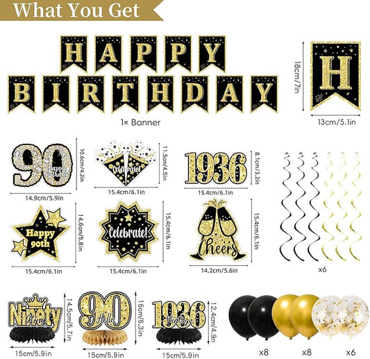 90th Birthday Decorations for Men, Black Gold Back in 1936 Party Supplies Kit with Banner, Backdrop, Sash, Balloons, Cake Topper & Honeycomb Centerpieces, Happy 90 Year Old Birthday Decorations