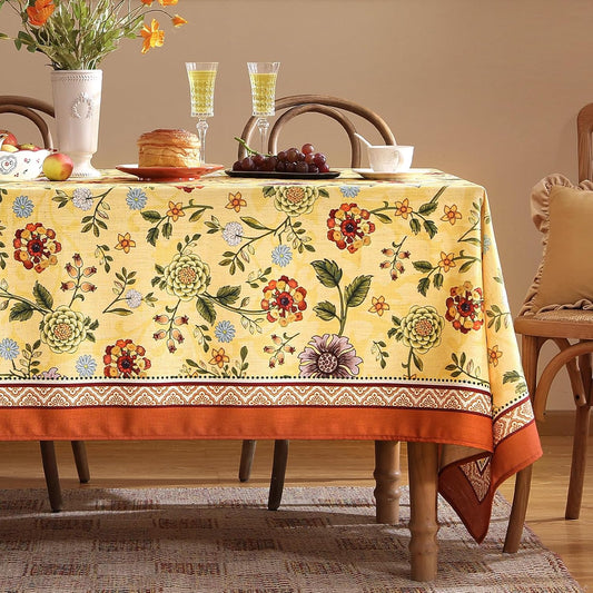Vintage Linen Tablecloth for Square Table,Yellow Floral French Wrinkle Free Tablecloths,Decorative Table Cover for Kitchen,Dining,Thanksgiving,Christmas,Party,67"*67"-Bellano