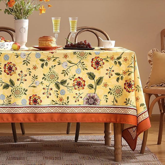 Vintage Linen Tablecloth for Rectangle Table,Yellow Floral French Wrinkle Free Long Tablecloths,Decorative Table Cover for Kitchen,Dining,Thanksgiving,Farmhouse,63" × 102"-Bellano