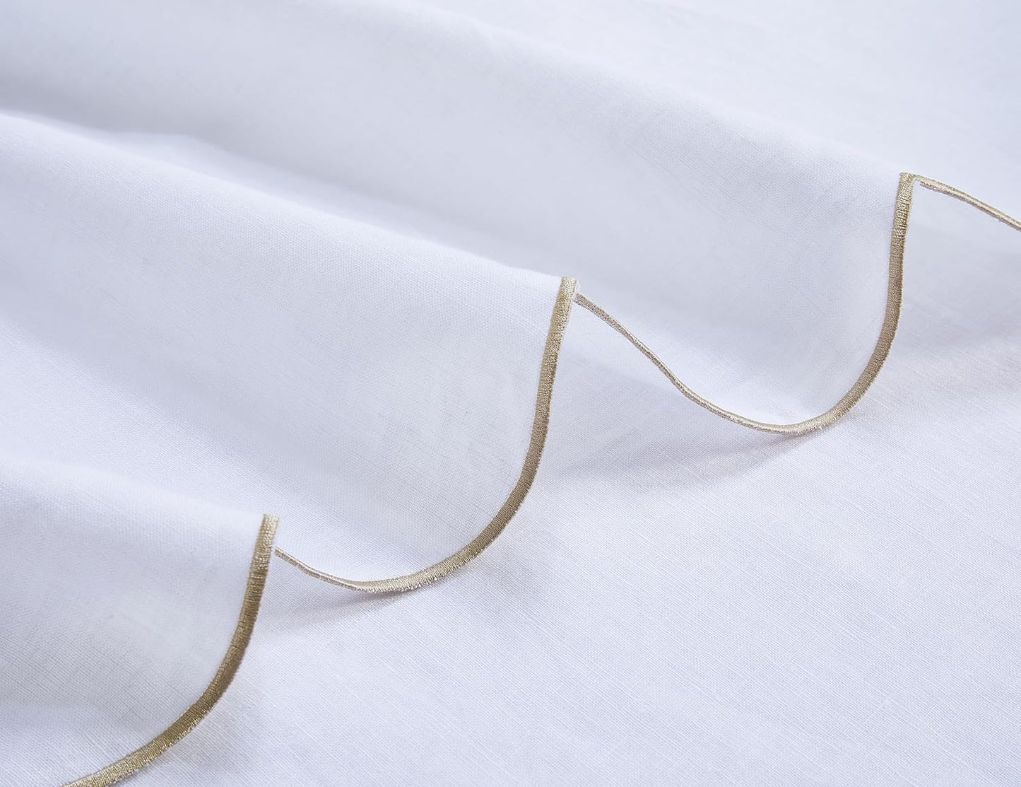 100% Pure Linen Scalloped Embroidery Rectangle Tablecloths 84Lx60W Inch for Dinners, Parties, Spring, Easter, Machine Washable, 6-8 Sets, White(Edges-Gold)