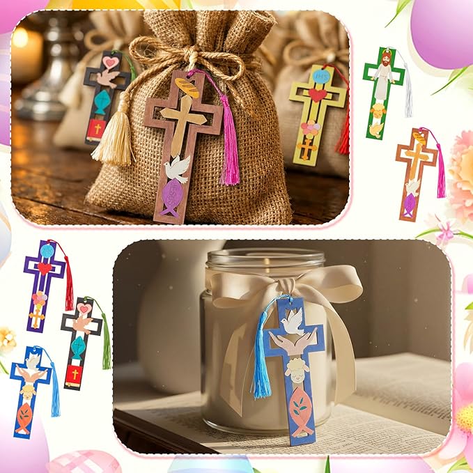 Yexiya 50 Set First Communion Party Favors, DIY Wooden Cross Bookmarks with Tassels for Baptism, Sunday School Crafts Bulk, Christian Religious Gifts for Confirmation & Church Events