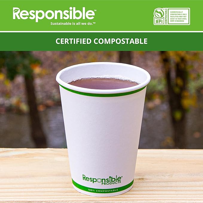 Responsible Products Certified Compostable 12 oz Paper Cups, Cold & Hot Coffee Cups, Disposable Paper Cups, Extra Strength Disposable Cups, Made without PFAS (50 count)