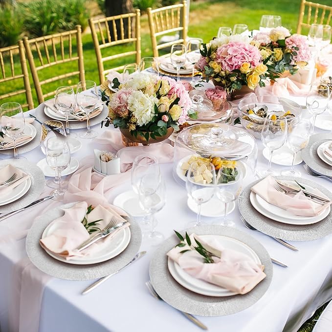 Tanlade 50 Pcs Silver Charger Plates Bulk, 13" Round Plastic Dinner Charger Plate, Shiny Silver Table Chargers Serving Plates Catering Tabletop for Thanksgiving Halloween Christmas Wedding Party Decor