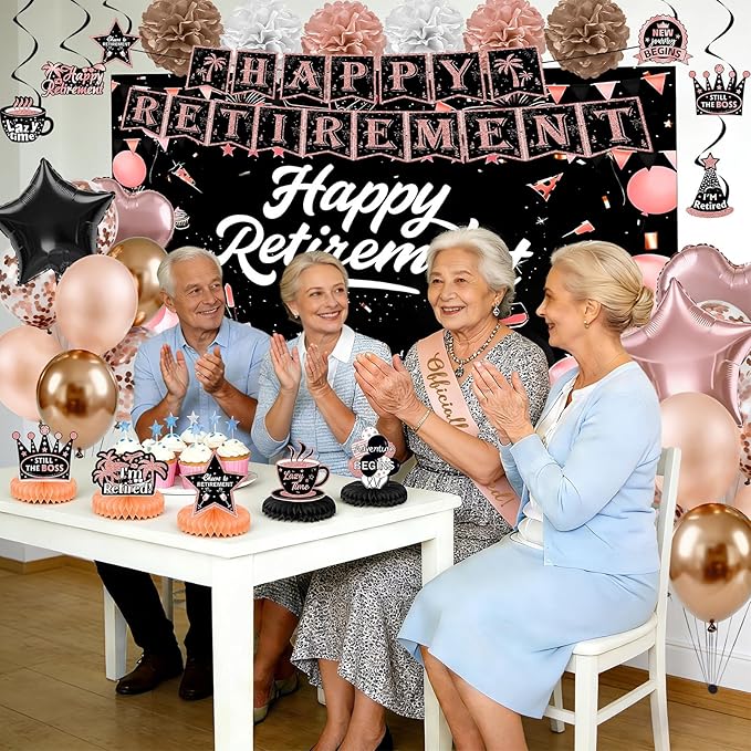 Retirement Party Decorations, Rose Gold Happy Retirement Decorations for Women Happy Banner & Backdrop Hanging Swirls Foil Balloon Retire Sash Paper PomPoms and Honeycomb Centerpieces