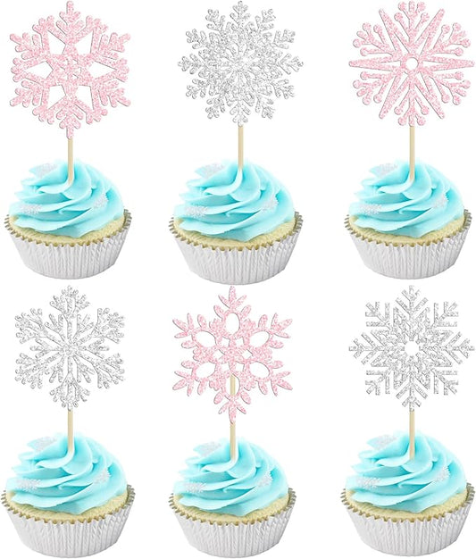36Pcs Snowflake Cupcake Toppers Glitter Winter Frozen Theme Snowflake Cupcake Pick Decorations for Baby Shower Kids Birthday Christmas Party Decorations Supplies Light Pink Silver