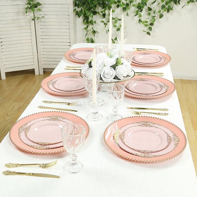 Efavormart 10-Pack Economy Plastic Charger Plates 13" Round Dusty Rose with Gold Beaded Rim - Stylish Dinner Party Serving Plates