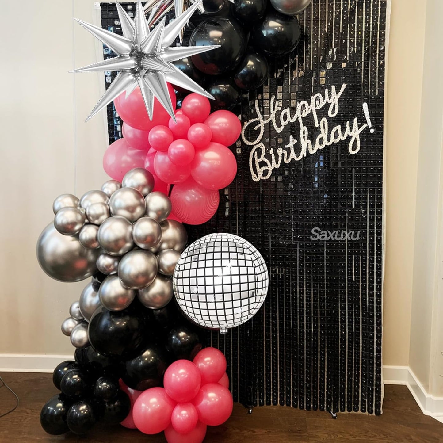 Disco Balloon Arch Kit, Hot Pink Black Balloons Garland Arch Kit, Star Foil and Disco Foil Balloons, Hot Pink Silver Black Balloon For Birthday 8090 Theme Party Wedding Bridal Shower Anniversary