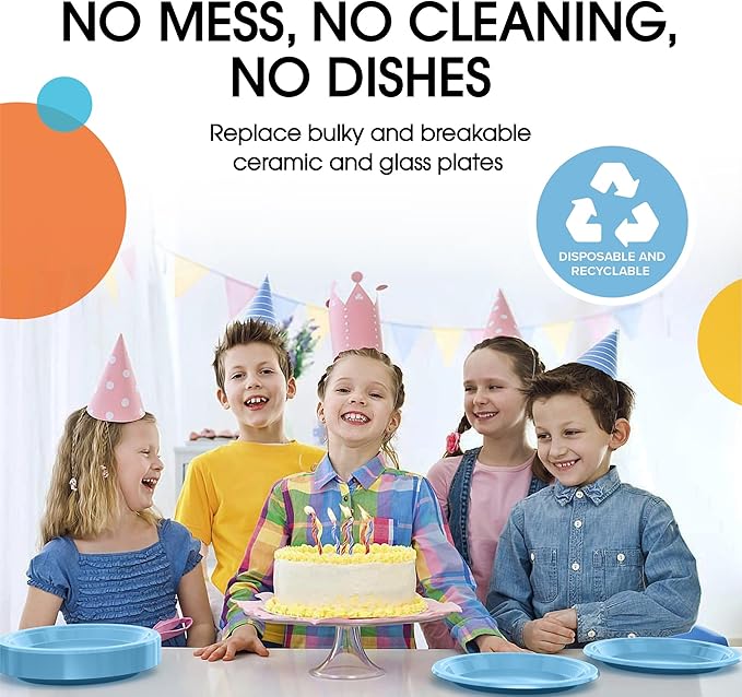 Party Solids Light Blue Plastic Plates For Party Supplies, Light Blue Disposable Plates 100 Pieces - 50-7" & 50-9" Heavy Duty 350 GSM Disposable Dinnerware Sets, Plastic Dinnerware Sets