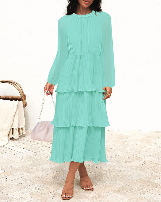 ZESICA Women's 2025 Long Sleeve Crew Neck Ruffle Tiered Layered Chiffon Flowy Swing Long Midi Dress