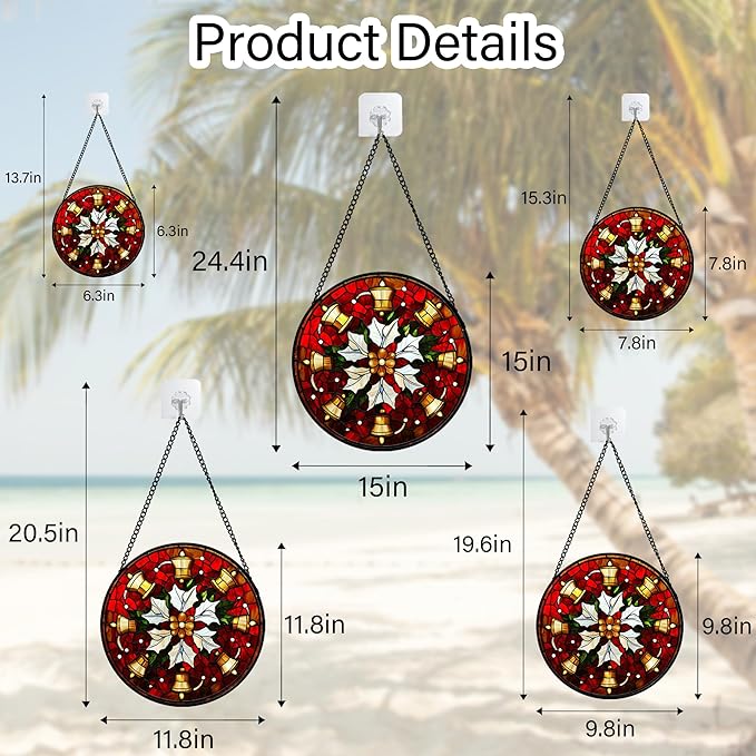 Stained Glass Window Hanging - Golden Bells Flowers Suncatcher for Doors Home Christmas Decoration Winter Sun Catcher Thanksgiving New Year Birthday Gift for Friend Women Men Mom Nana 6.3 in