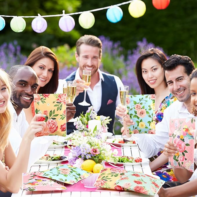 Tinlade 100 Pcs Tea Party Gift Bags 5 x 7 Inch Spring Party Treat Pouch Floral Paper Favor Bag Self-adhesive Floral Candy Pouches for Tea Wedding Bridal Shower Birthday Mother's Day Supply (Flower)