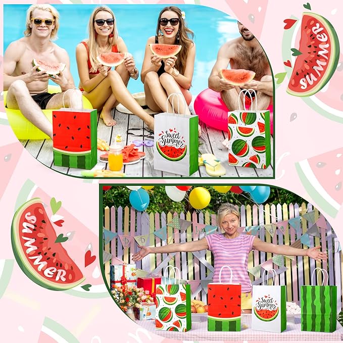 Outus 24 Pieces Watermelon Party Bags Watermelon Paper Goodie Bags Party Favor Bags Watermelon Treat Candy Bags Summer Fruit Birthday Party Supplies for Summer Pool Party Decorations