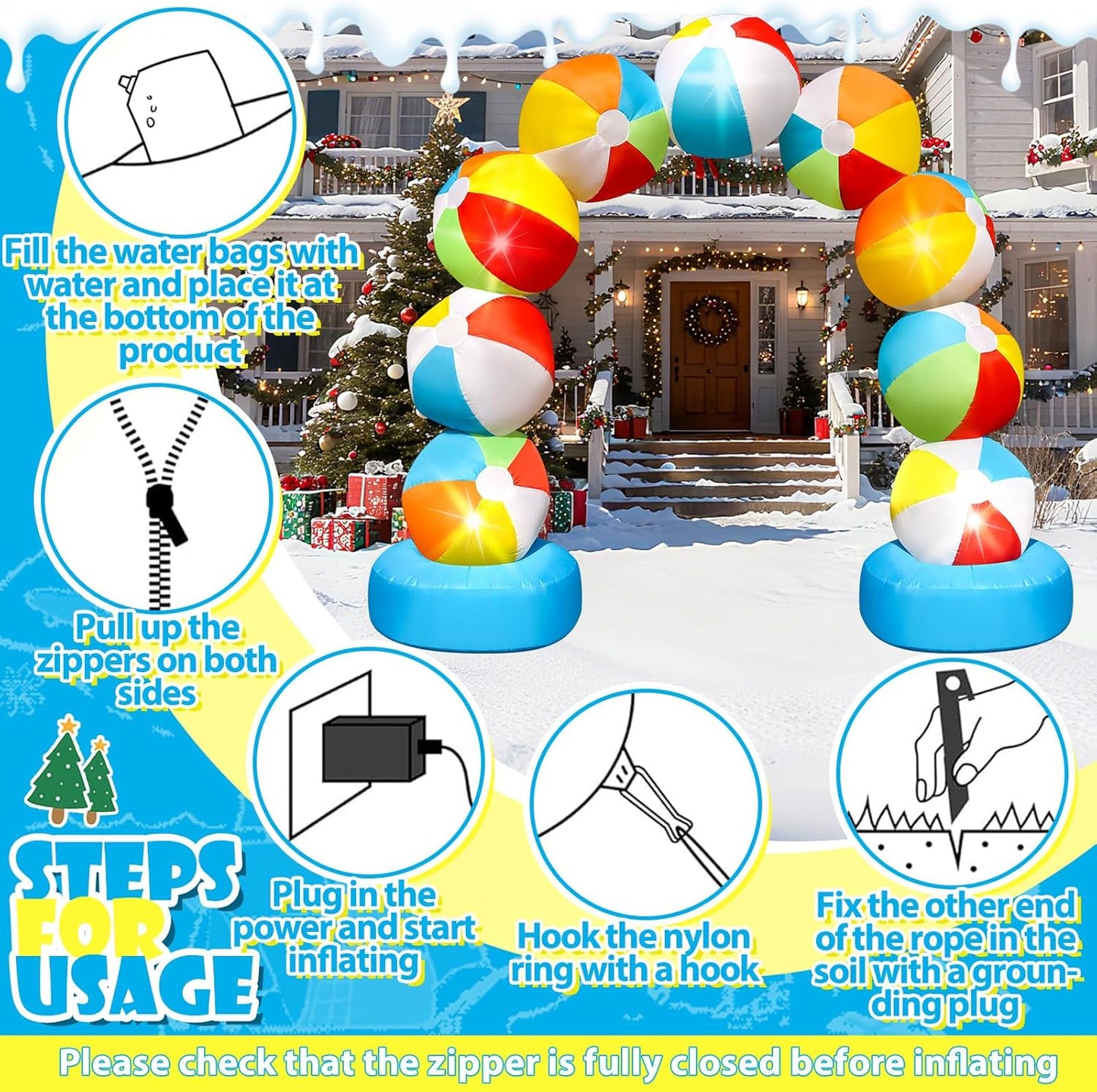 8FT Christmas Inflatable Beach Ball Arch Blow Up Arch Built-in 5 LED Lights for Winter Inflatables Outdoor Decorations Birthday Party Favors Xmas Party Supplies for Pool Beach Yard Lawn Garden Decor