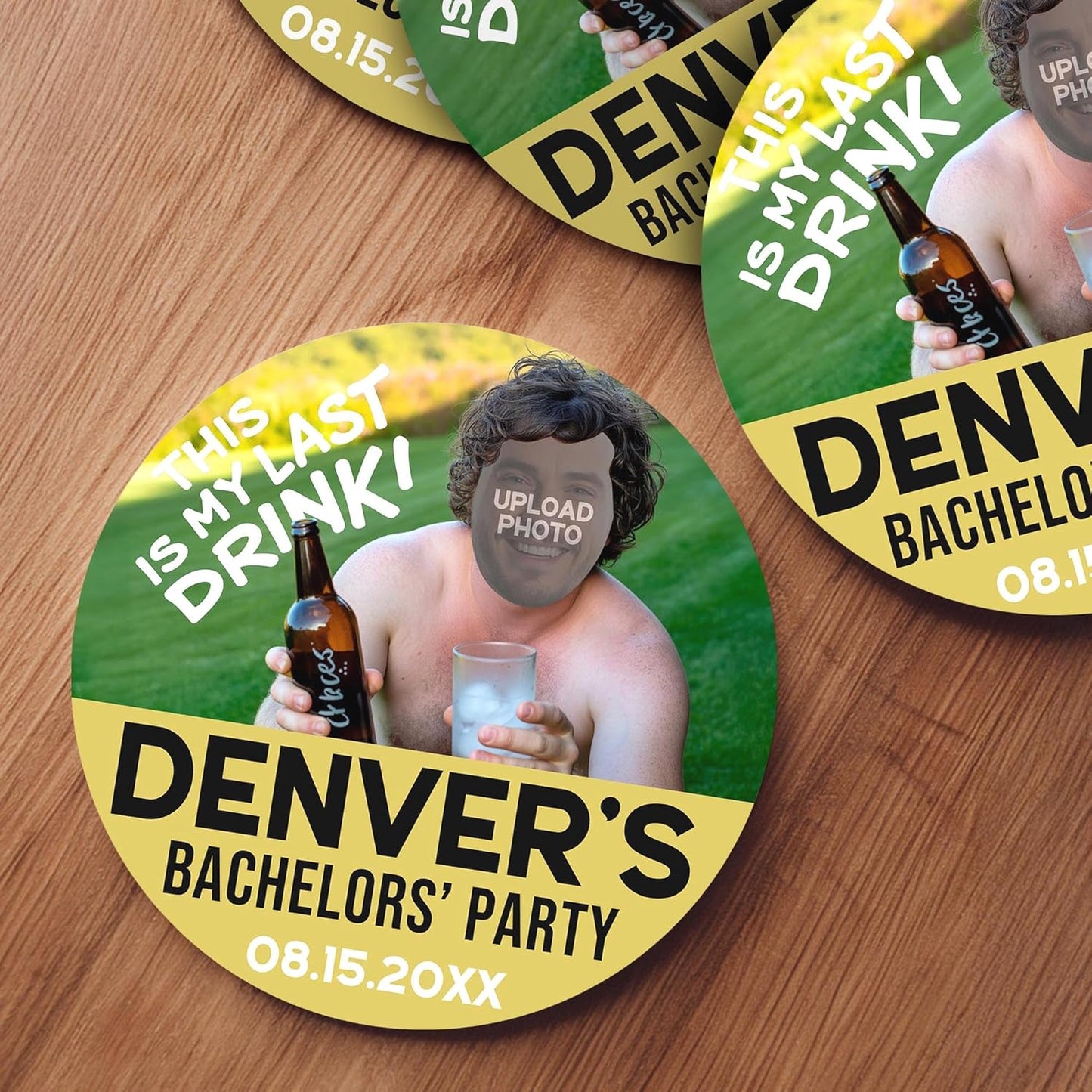 60 Pack Personalized Bachelor Party Coasters, Custom Cardboard Drink Coasters with Photo Print and Text, Fun Bachelor Party Favors and Gifts, 3.95" Round, Design 5