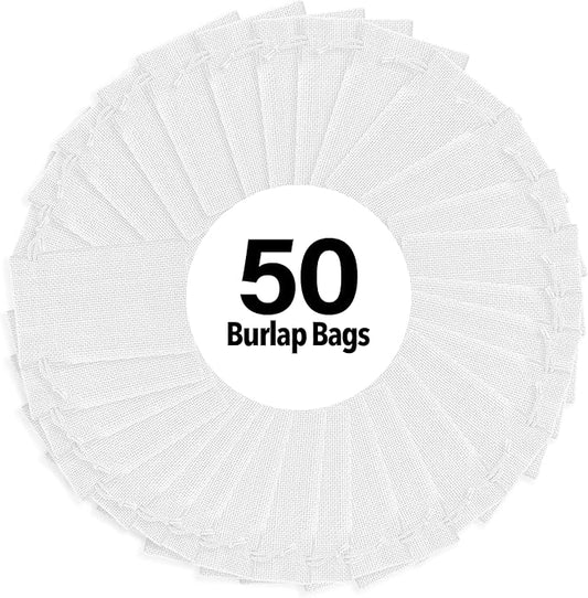Mandala Crafts 3x4 Inch White Burlap Drawstring Gift Bags for Favors - 50 Mini Linen Sacks Gift Pouches for Candy, Jewelry, Wedding, and Party Supplies