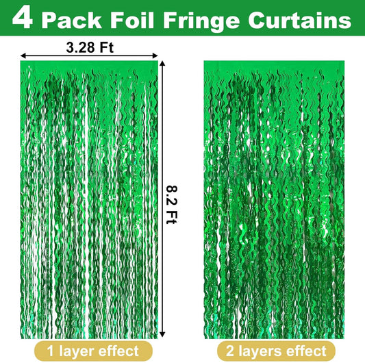 4 Pack Green Fringe Curtain Backdrop 3.2Ft x 8.2Ft Metallic Tinsel Foil Fringe Streamers Background for Photo Booth, Easter, Mother's Day, Bachelorette, Wedding, Birthday Party Decoration