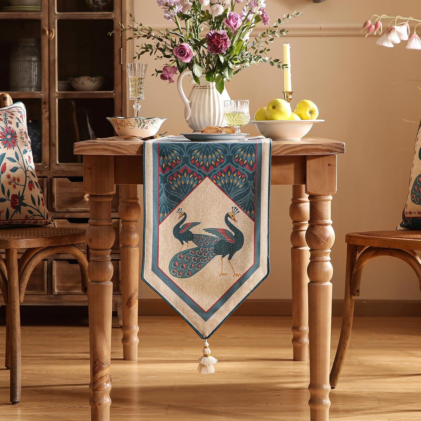 bilingaier Vintage Blue Peacock Small Table Runner for Table,Decorative Linen 102 Inches Long Table Runners,Decor Tabletop for Kitchen,Dining,Tea Party,Home,Christmas,12"*102"