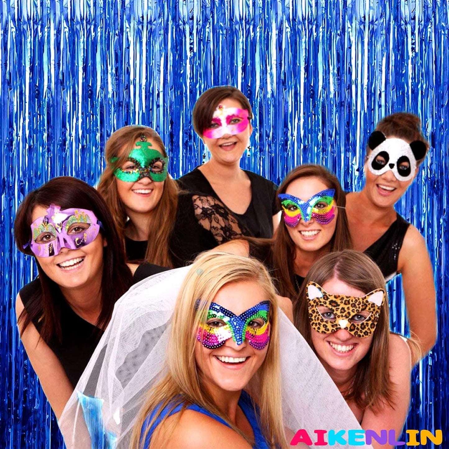 4 Pack 3.3Ft x 6.6Ft Blue Foil Fringe Curtain Backdrop, Metallic Tinsel Foil Fringe Streamers Curtains Background for Photo Booth, Birthday, Wedding, Halloween, Christmas Party Decoration