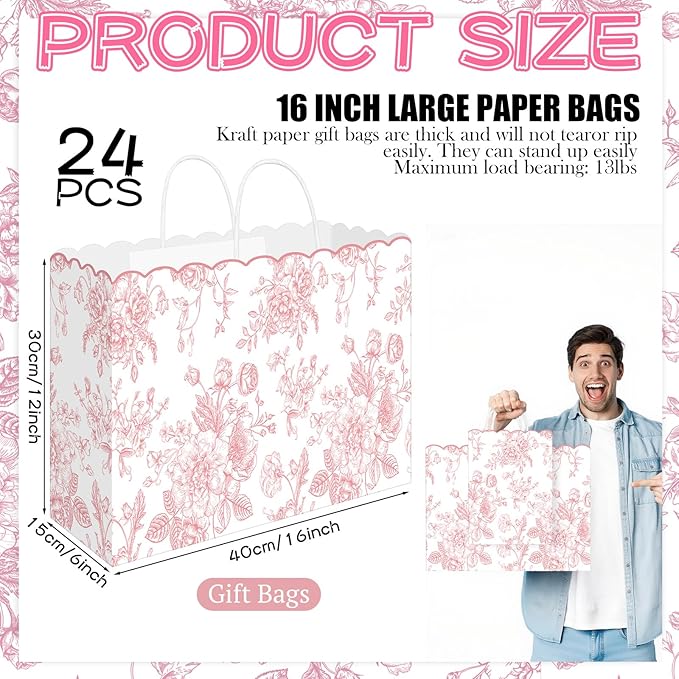 Kolldenn 24 Pcs Pink Floral Party Favor Bags with Handles 16 x 6 x 12 Inch Extra Large Scalloped Wildflower Goodie Candy Gift Treat Bags for Birthday Decoration for Bridal Baby Shower Party Supplie