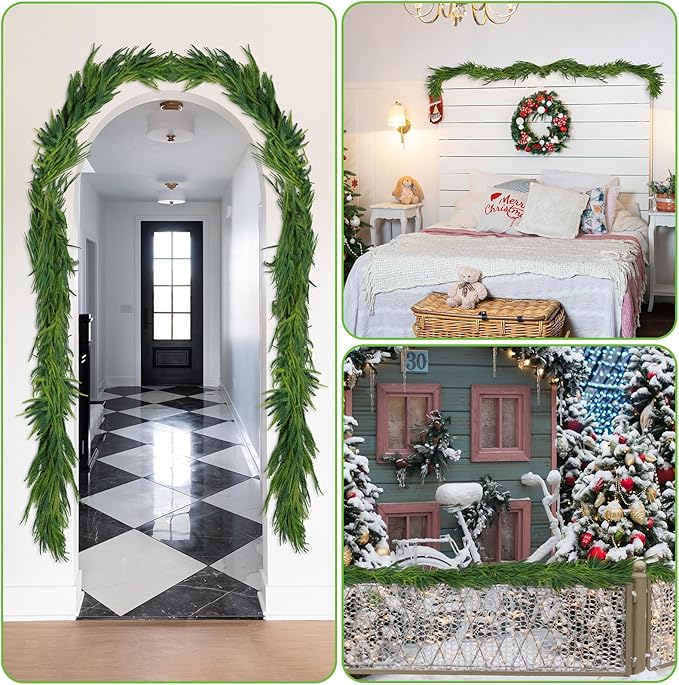 3 Pcs Artificial Norfolk Pine Garlands Christmas, 9 FT Dense Real Touch Winter Pine Garland Ornament, Green Artificial Greenery Garland for Table, Mantle, Wall, Indoor, Outdoor Christmas Decorations