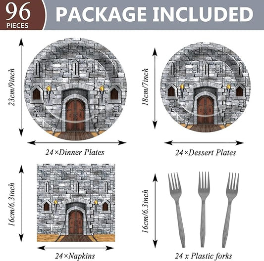 CHUNNIN 96PCS Medieval Plates Napkin Halloween Castle Party Decorations Castle Knight Birthday Dessert Plates Medieval Themed Tableware Set for 24 Guests Kids Birthday Baby Shower Party Supplies