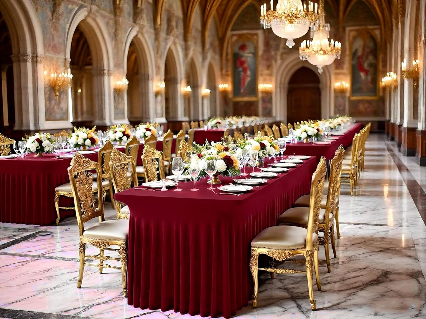 2 Packs Burgundy Stretch Table Skirts for 6 Foot Rectangle Table, Washable Spandex Stretch Tablecloths with Skirt, Wrinkle Resistant Fitted Tablecover for Wedding Party Banquet