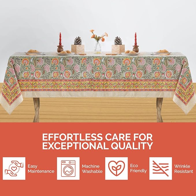 Labhanshi Indian Hand Block Print Rectangle Table Cover for Kitchen Dining Table|6 Seater Picnic Camping Outdoor Cotton Fall Table Cloth|Spring Easter Table Cloth Decor 60 X 90 Inches Burnt Orange