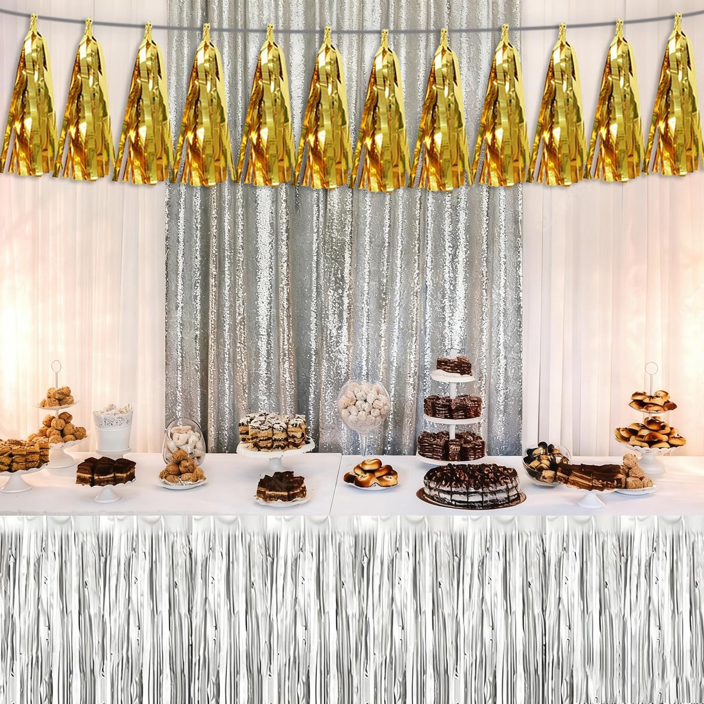 4P Gold Tassel Banner Garland Metallic Foil Fringe Banner Tinsel Tassels Streamer Banner Backdrop for Parade Floats, 2025 Graduation Decorations, Wedding Party Decoration