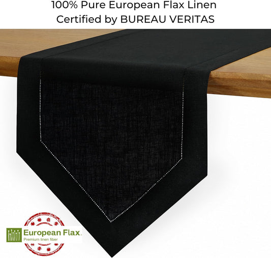 D'Moksha Homes Black Linen Table Runner 60 Inches Long - 100% Pure Linen Diamond Table Runner 14 x 60 Inch for Dining, Fall and Halloween - Machine Washable