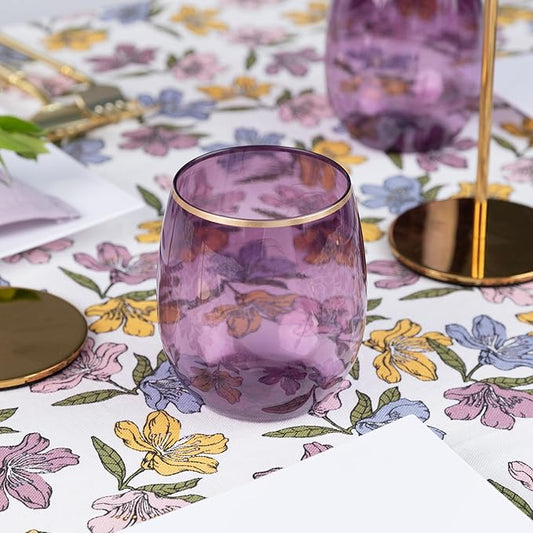 PLASTICPRO 12 Pack Purple With Gold Rim Plastic Wine Glasses Stemless Disposable 12 oz BPA Free Shatterproof Plastic Wine Cups Wine Glasses for Parties