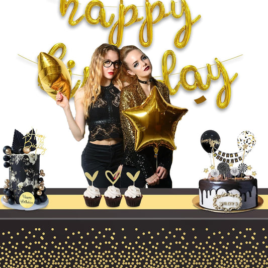 GREATRIL Black Gold Party Table Covers Tablecloth for Graduations/New Years Eve/Ceremony/Birthdays Decorations Rectangle Tablecover 54'' x 108'' - 2 Packs
