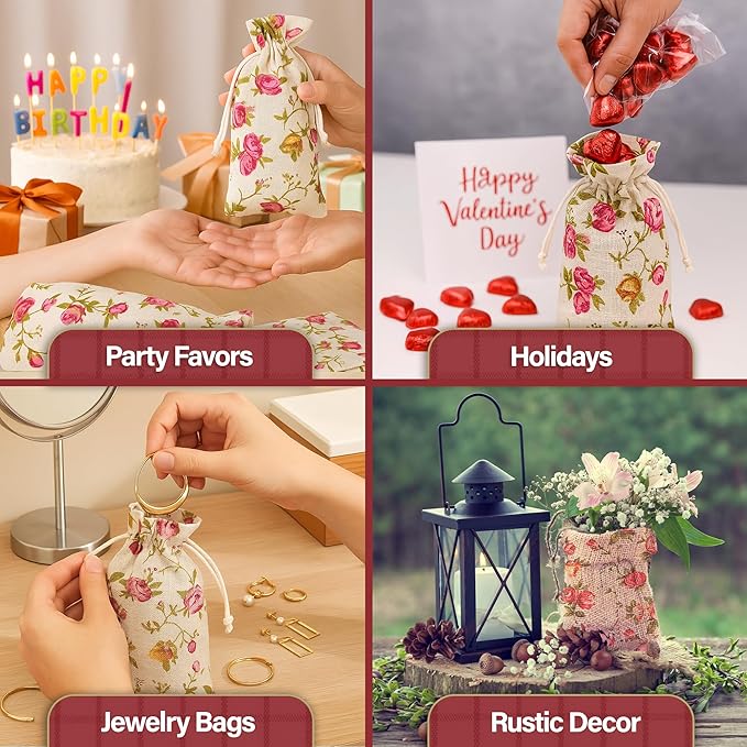 Mandala Crafts 13X18 Inch Rose Burlap Drawstring Gift Bags for Favors - 15 Large Floral Linen Sacks Gift Pouches for Candy, Coffee, Jewelry, Wedding, and Party Supplies