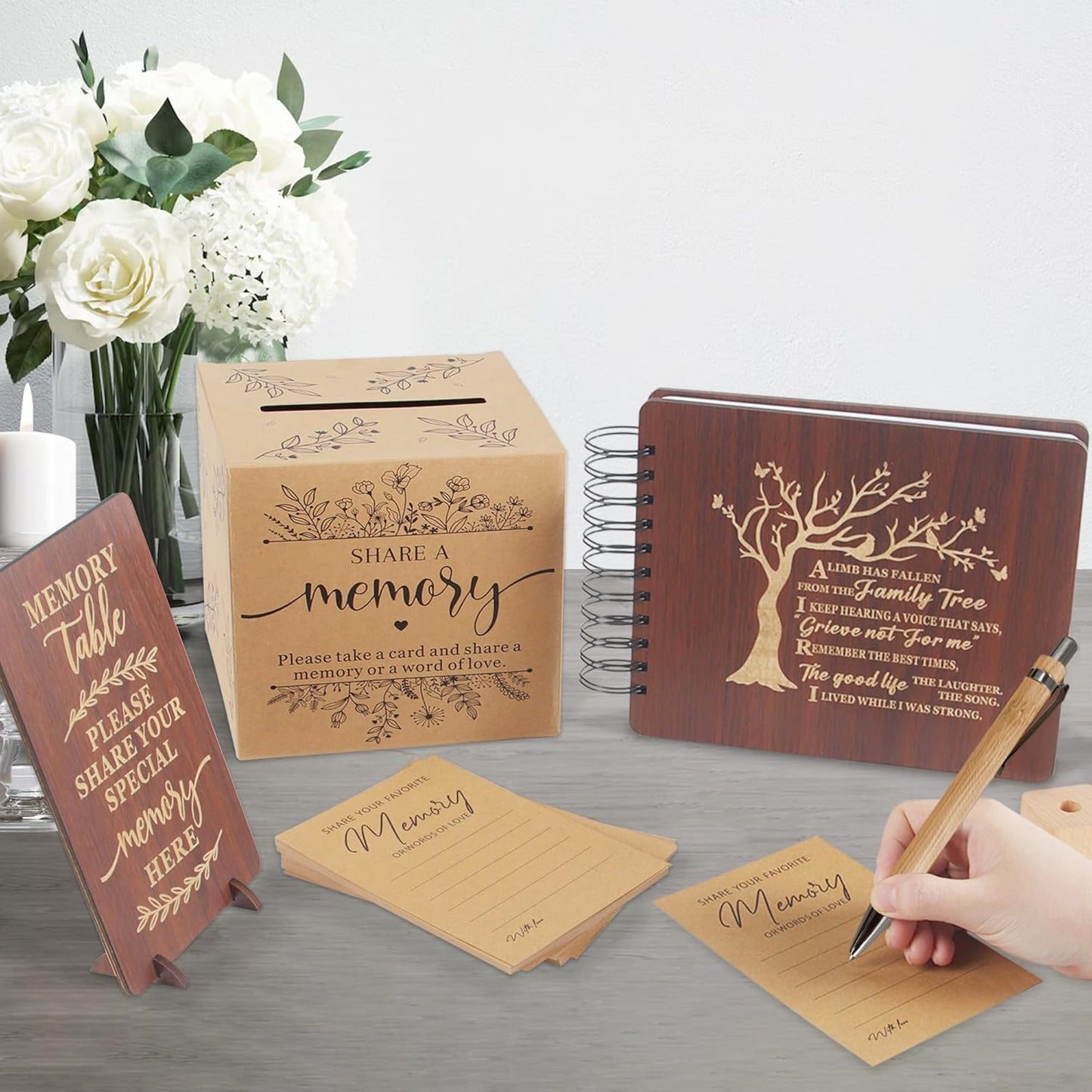 PREKIAR Funeral Guest Book Set Wooden Guest Books for Memorial Service Celebration of Life in Loving Memory with 50pcs Share a Memory Card Cards Box Table Sign and Pen (Brown- Guest Book Set #1)