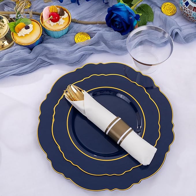 Liacere 175PCS Navy Blue Plastic Plates-Disposable Blue Gold - 25guest Baroque Plastic Dinnerware include 50Plates,25Pack Pre Rolled Napkins with Silverware 25Cups for Wedding&Party&Father's Day