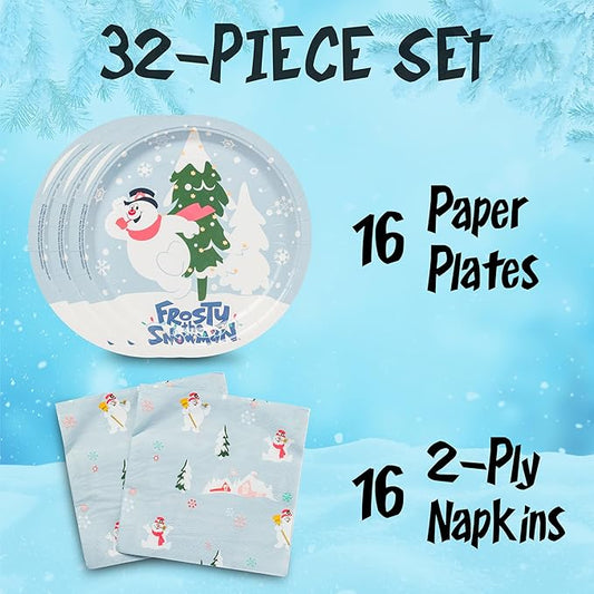 Silver Buffalo Frosty the Snowman Christmas 32 Pack Partyware Disposable Paper Plates and Napkins