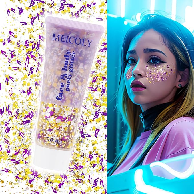 MEICOLY Face Glitter Makeup for Music Festival,Country Concert Outfits for Women, Holographic Gold Silver Purple Body Glitter,Halloween Party Accessories Self-Adhesive Glitter Face Paint,50ml