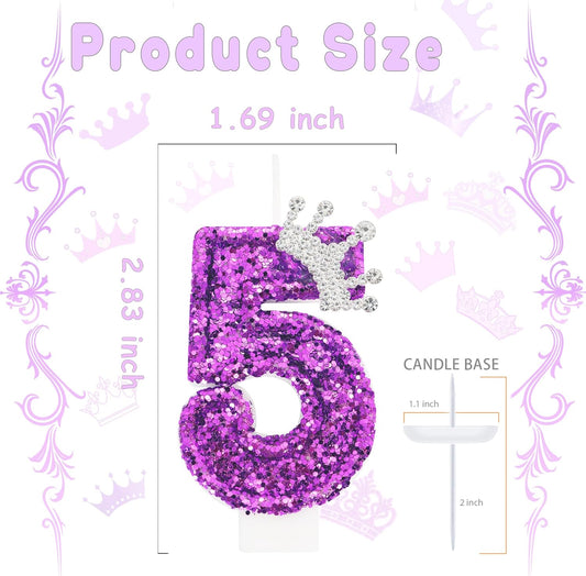 Birthday Candle for Cake, Crown Purple Number Candles, 2.76 inch Cake Topper Decoration for Birthday Party (Number 5)