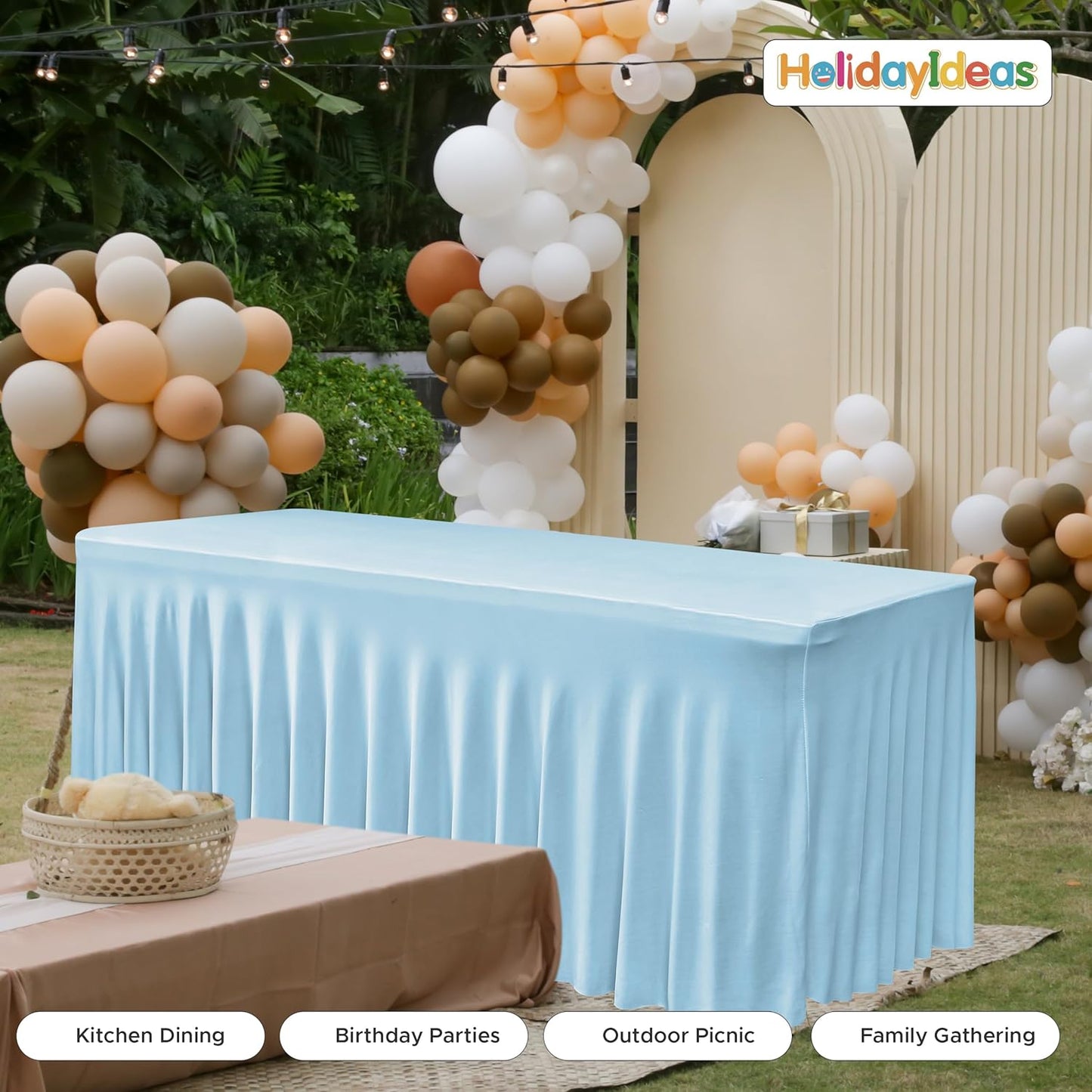 HolidayIdeas Spandex Table Skirts for Rectangle Tables 8 Ft, Fitted Stretch Table Cover 30x96 Inch, Wrinkle-Free Ruffle Design Tablecloths for Banquets,Trade Shows, Parties, Events, 4 Pack, Baby Blue