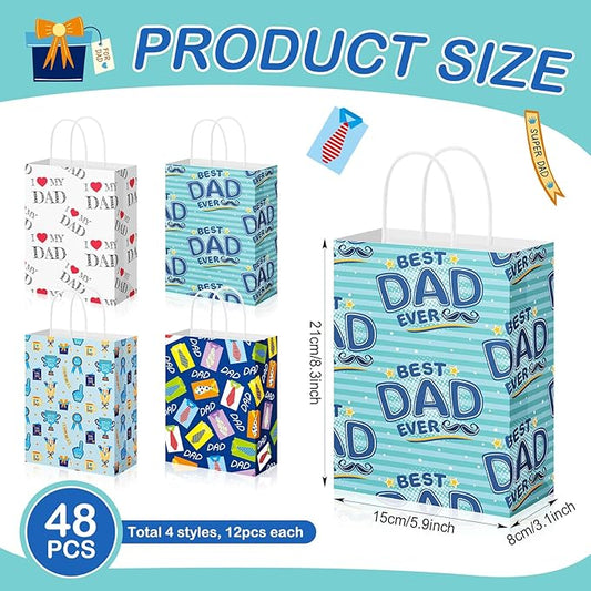 Gilprop 48 Pcs Father's Day Gift Bags Bulk Dad Party Supplies, 8 Inch Happy Father's Day Paper Treat Goodie Bags with Handle, Dad Ever Gifts Favors for Him Birthday Anniversary