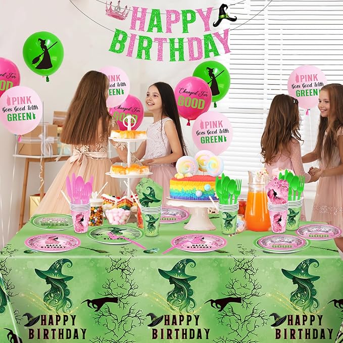 Pink and Green Birthday Party Decorations 207pcs Disposable Paper Plates & Napkins Set for 24 Guests - Includes Happy Birthday Banner & Cartoon Tablecloth