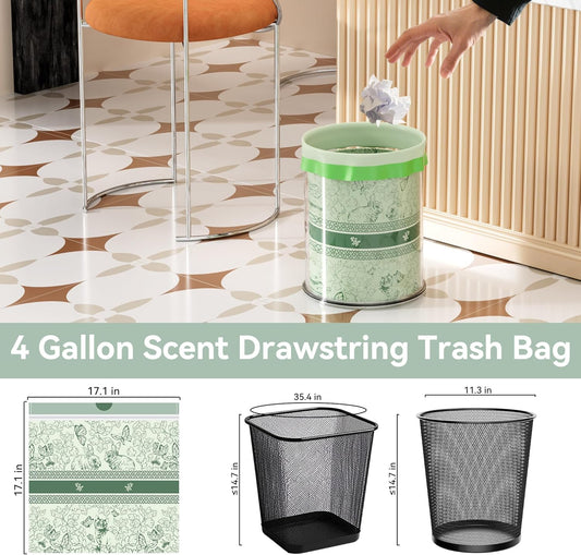 4 Gallon Drawstring Trash Bag 217 Count Mugwort Scented Bathroom Garbage Bags Small Single Sided Print Trash Can Liner for Bathroom, Bedroom, Office