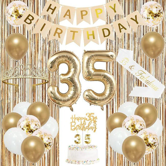 Trgowaul 35th Birthday Decorations for Women, Banner, Sash and Crown, Cake Topper, 35 Number Balloon, Fringe Curtains, Champagne Gold 35th Birthday Party Supplies