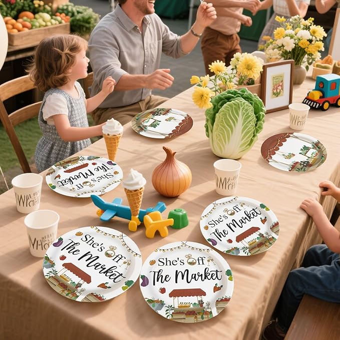 Grencian 96Pcs She's Fresh Off Market Bridal Shower Decor Farmers Market Engagement Party Plates and Napkins Vegetable Themed Disposable Tableware for Women Bridal Shower Wedding Decorations Serves 24