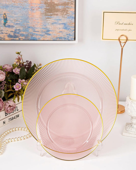 Hioasis 60pcs Burgundy and Gold Plastic Plates - Burgundy Disposable Dinnerware Set, 30pcs Dinner 10.25in & 30pcs Dessert 7.5in Plates with Striped Designs for Party & Wedding